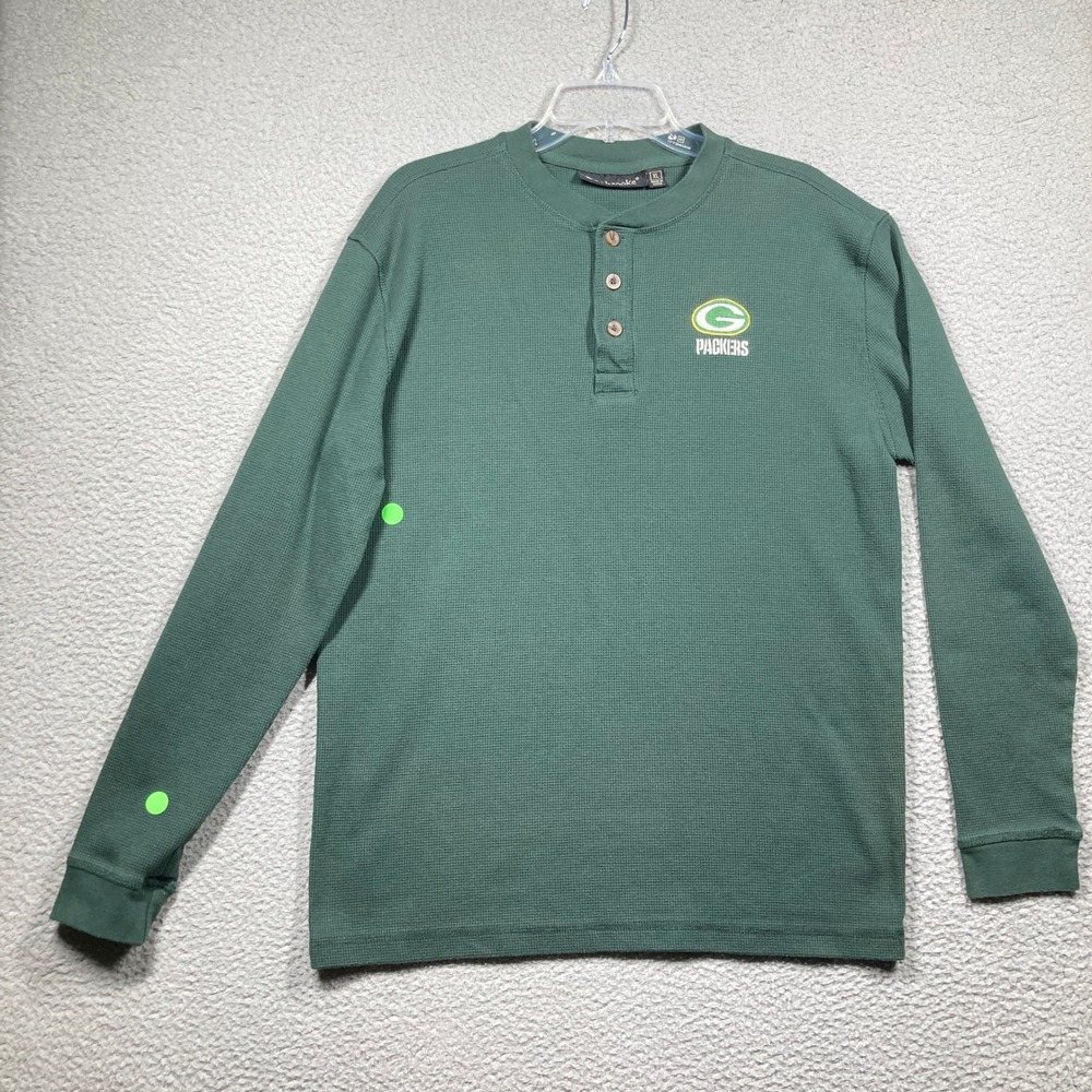 Green‎ Bay Packers Henley Mens XL Green Waffle Knit Thermal NFL Shirt STAIN